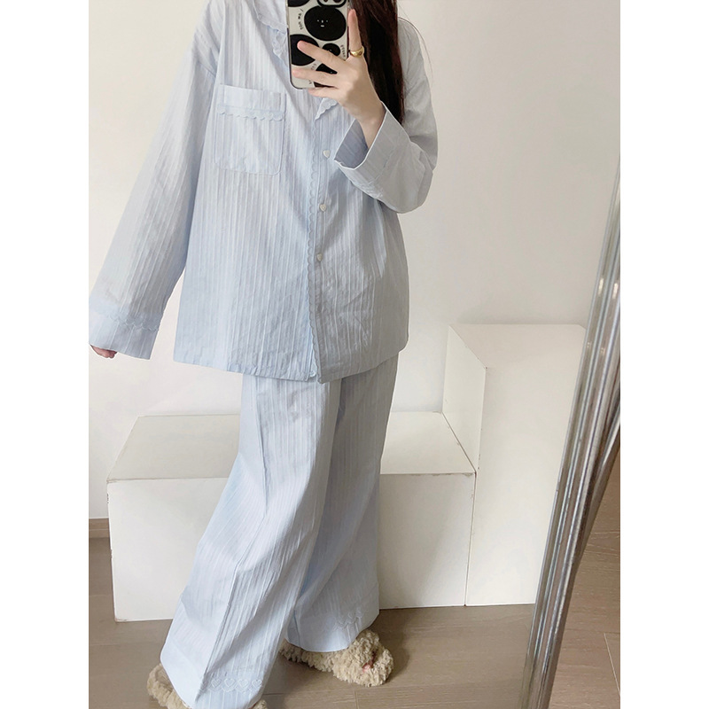 韩系蓝色花边休闲睡衣女款春秋季2025新款大码宽松显瘦家居服套装|undefined