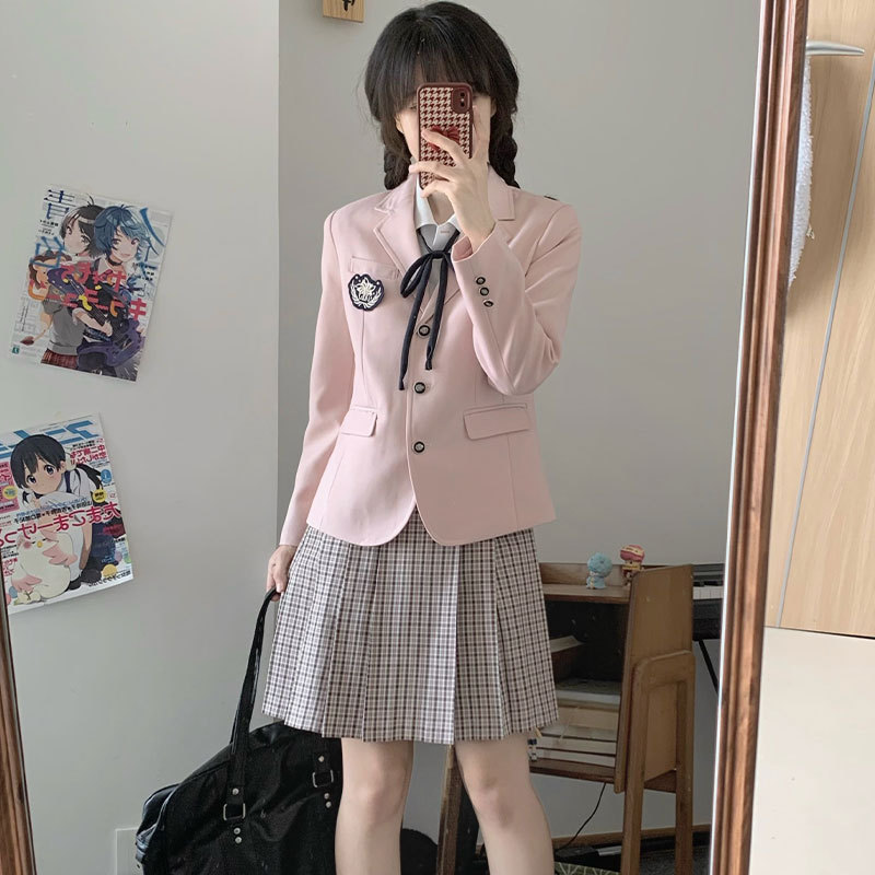 春秋季JK制服女子樱花粉色收腰小西装日系短款外套上衣
