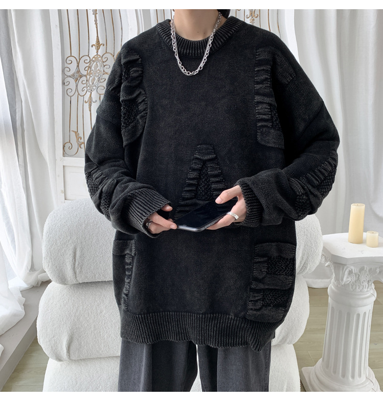 Men's Oversized Knit Sweater Round Neck Streetwear Pullover_voghion.com