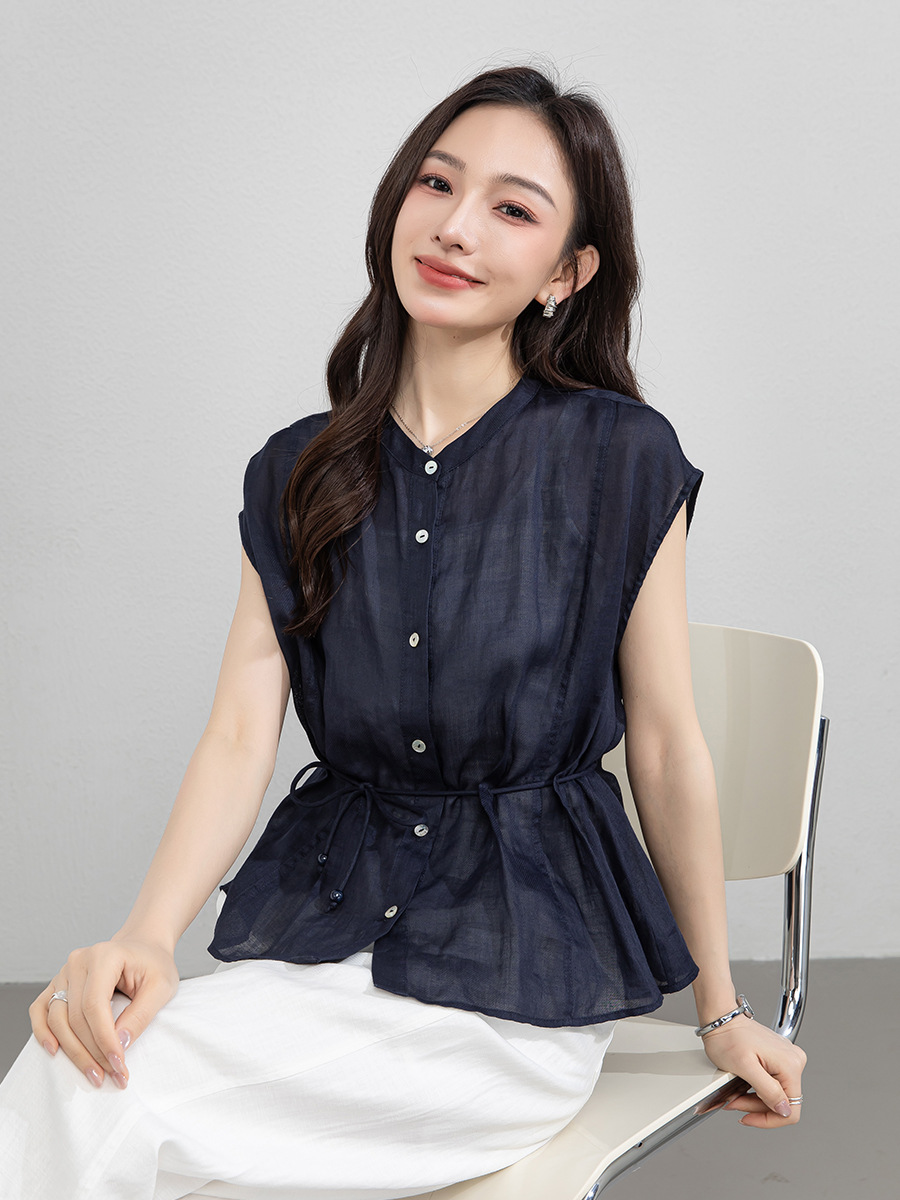 Áo sơ mi nữ linen tay không cổ đứng thắt eo dây rút thoáng mát — Ánh trăng trắng