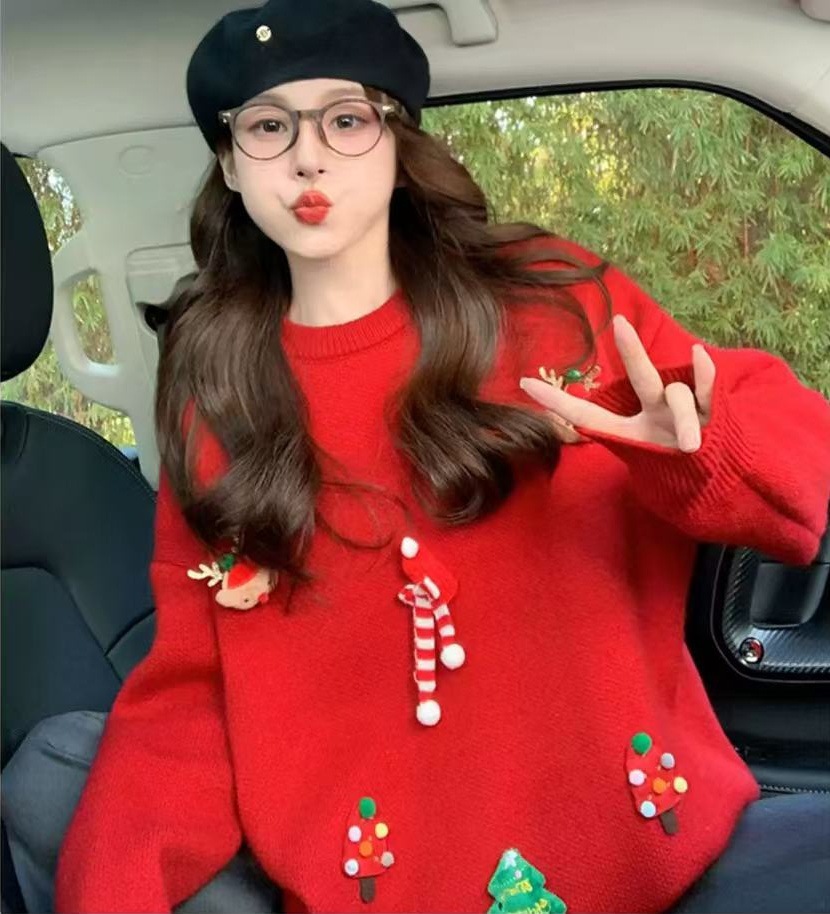 Suéter rojo perezoso para mujeres 2025 Navidad otoño y invierno nueva ropa de mujer casual versátil camiseta de punto de cuello redondo image 7