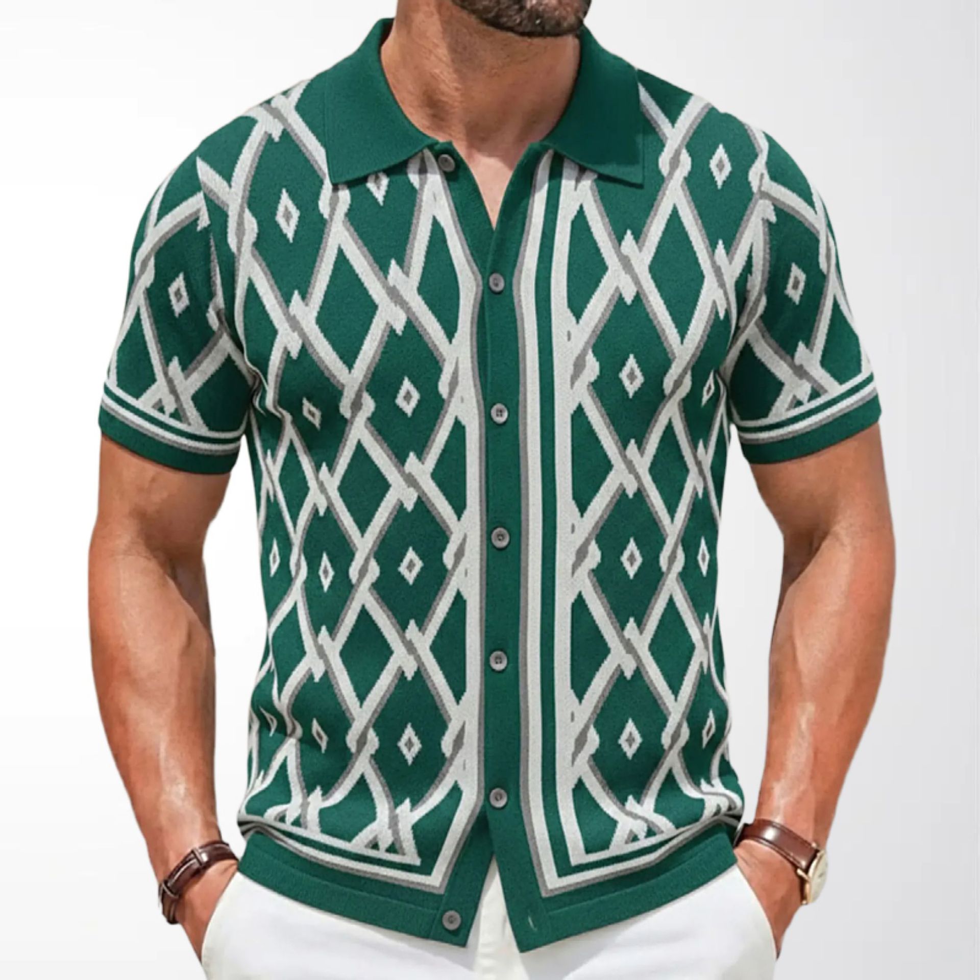 Amazon Men's Clothing European and American Men's Knitted Polo Shirt Summer New Jacquard Short-Sleeved Cardigan Knitwear Sy0033