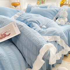 春夏韓版公主風四件套白泡泡紗花邊床單被套水洗棉床裙純色三件套