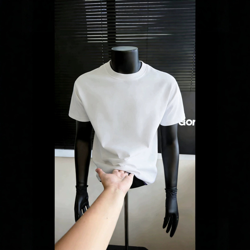 280g Ice-Feel Small-Neckline Straight-Shoulder T-Shirt for Men, New Summer Style, Heavyweight American-Style Round-Neck Solid Color Simple Casual Top