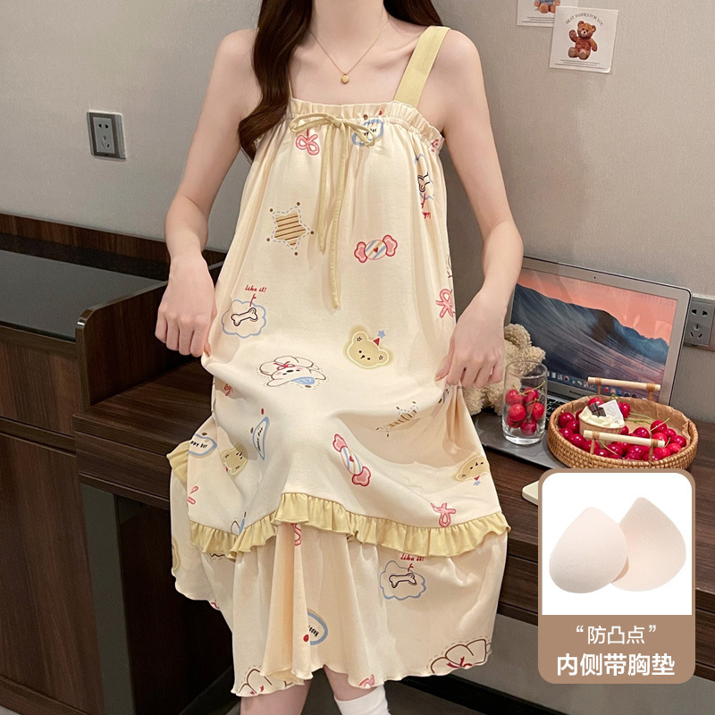 女性用夏パジャマ、胸パッド付きサスペンダースカート、ノースリーブ、ブラジャーなし、ホーム服、学生女の子、甘くてかわいい、薄い|undefined