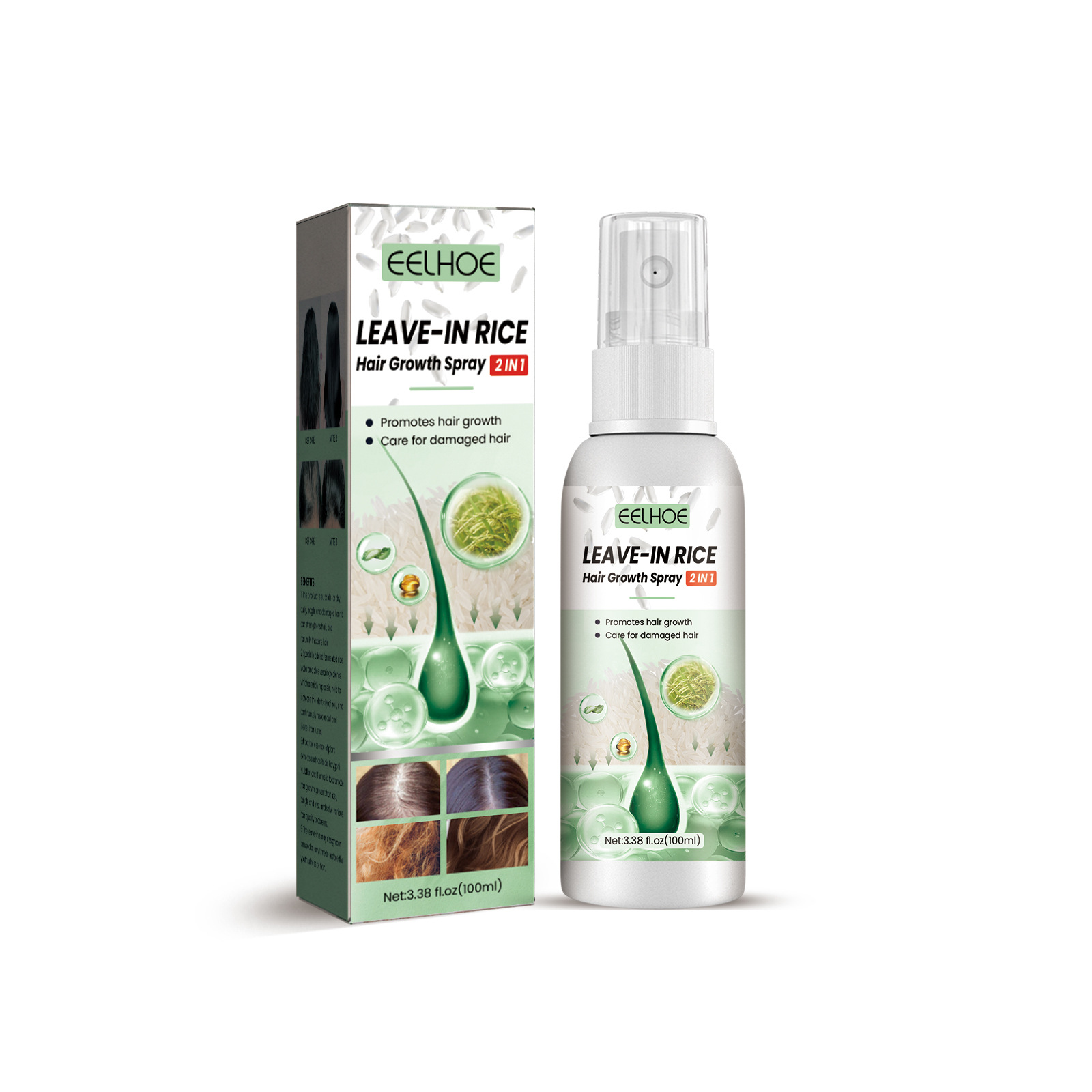 EELHOE Spray de păr hidratant, fără spălare, pentru rădăcină de orez, anti-cădere, fermitate și creștere densă_voghion.com