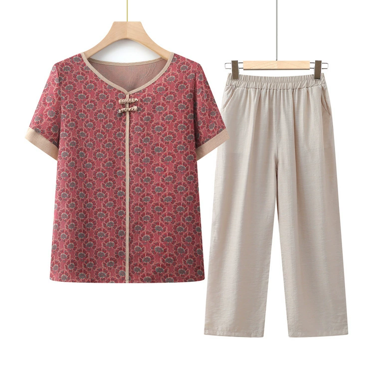 Мама набор пуловер футболка 2024 летняя рубашка укороченные брюки свободные дышащие короткие рукава широкие брюки с национальным стилем