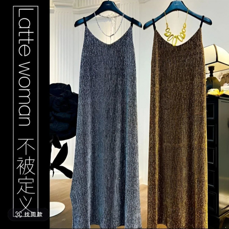 New Sequined Suspender Long Skirt Dress Summer Black Slimming Loose Knee-Length Dress Shiny