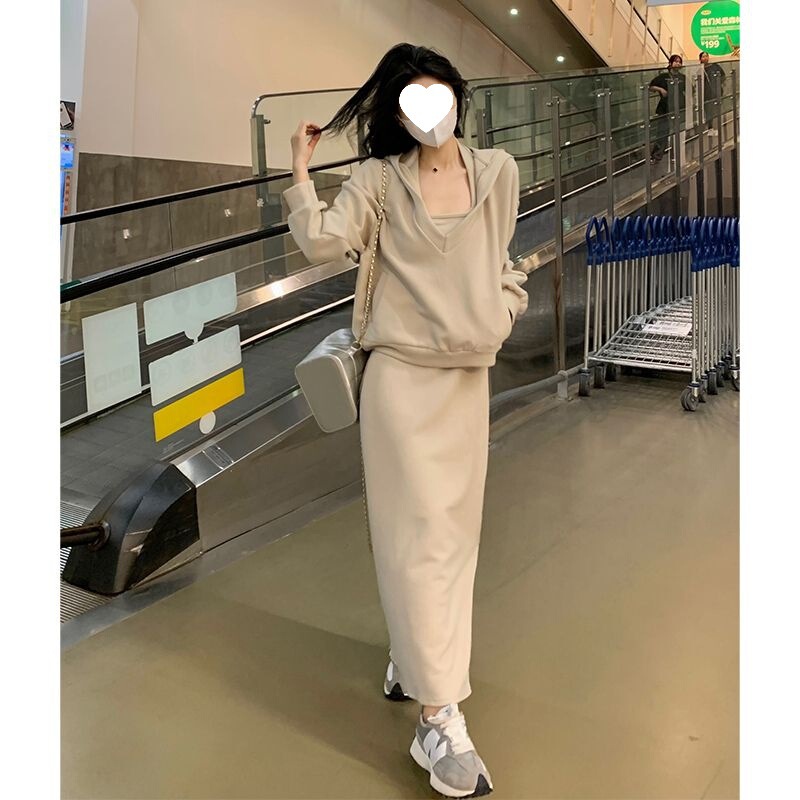 大码休闲套装上衣+挂脖连衣裙两件套女秋季胖mm巨显瘦卫衣裙套装|undefined
