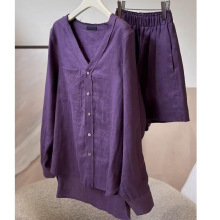 2024新款气质宽松显瘦夏装搭配一整套紫色苎麻衬衫短裤两件套装女