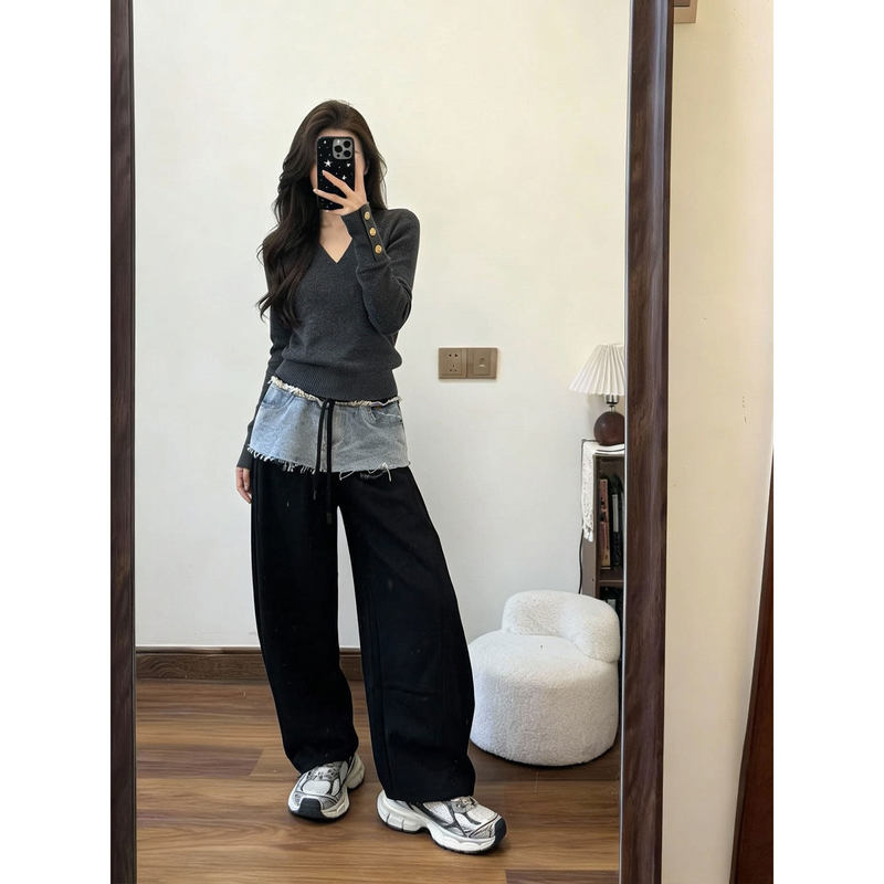 American Retro Distressed High-End Patchwork Jeans for Women, Unique Slim-Fit Petite Elastic Waist Straight Wide-Leg Pants