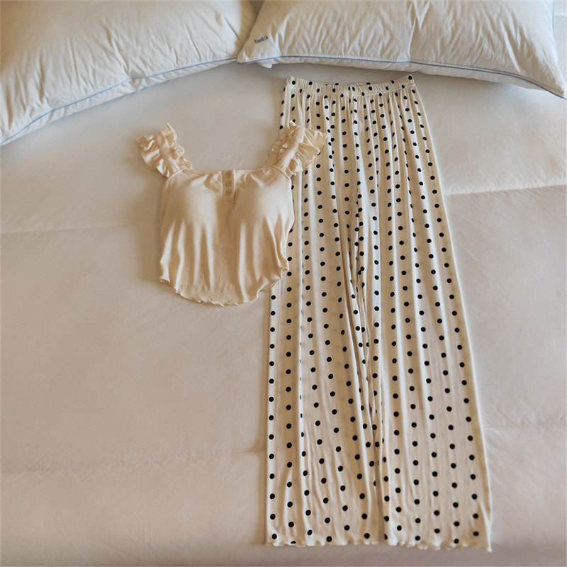 Women's Spring and Summer Thin Pajamas with Breast Pads, Suspenders, Trousers, Thin Home Clothes, Sexy and Sweet Sleeveless Vest Suits