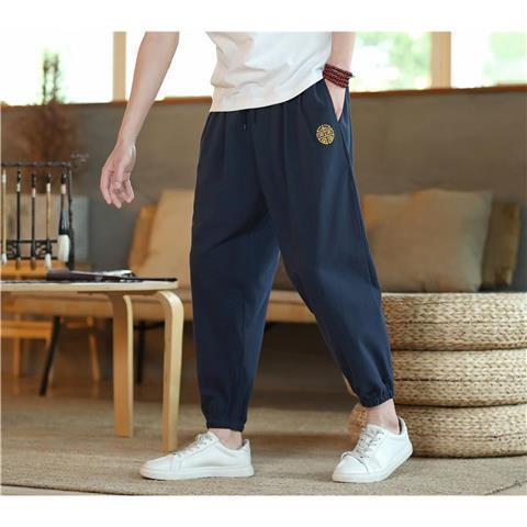 Pantalones cortos de estilo chino para hombres, pantalones casuales de lino para hombres, pantalones sueltos de algodón y lino, pantalones delgados de verano, primavera y otoño para hombres