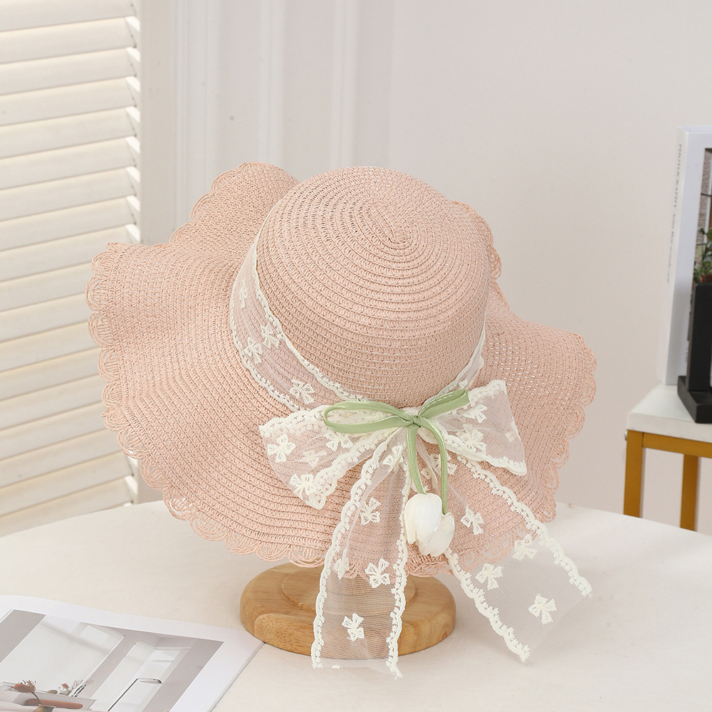 Sombrero de paja con lazo – estilo veraniego, ala ancha, para playa o vacaciones al aire libre