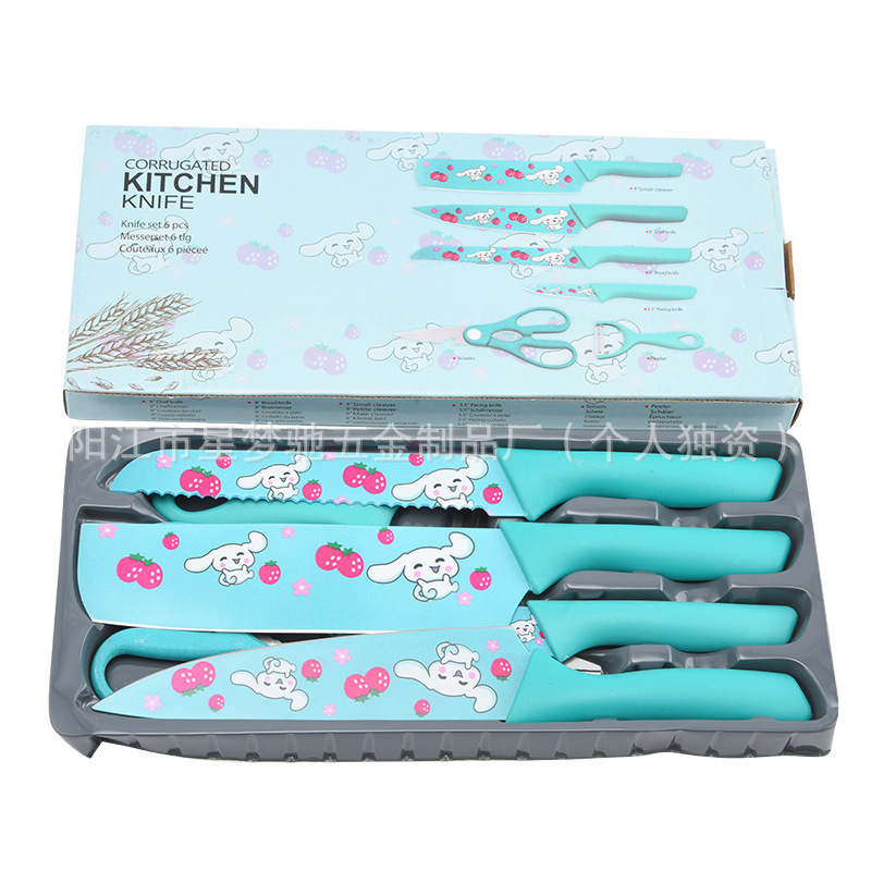 Comercio exterior venta caliente impresión de dibujos animados de acero inoxidable seis piezas conjunto de cuchillos de cocina conjunto de cuchillos de regalo conjunto de cuchillos