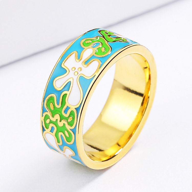 Cross-border best-selling new enamel jewelry set with ethnic floral elegance, retro pastoral floral ring earrings