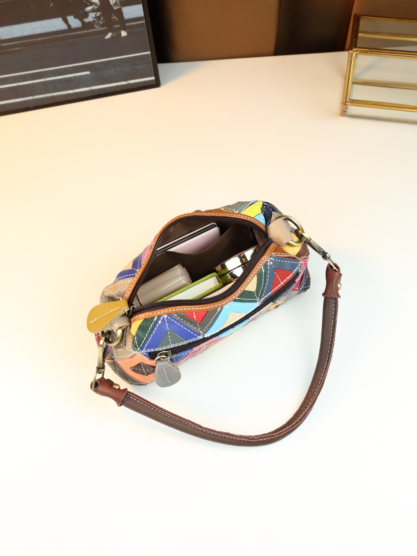 Women's Ethnic Style Colorful Plaid Leather Crossbody Shoulder Bag_voghion.com