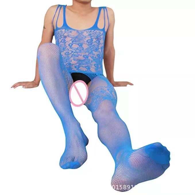 Cross -border men's erotic fishing net socks hollow see -through see -through knitted flowers