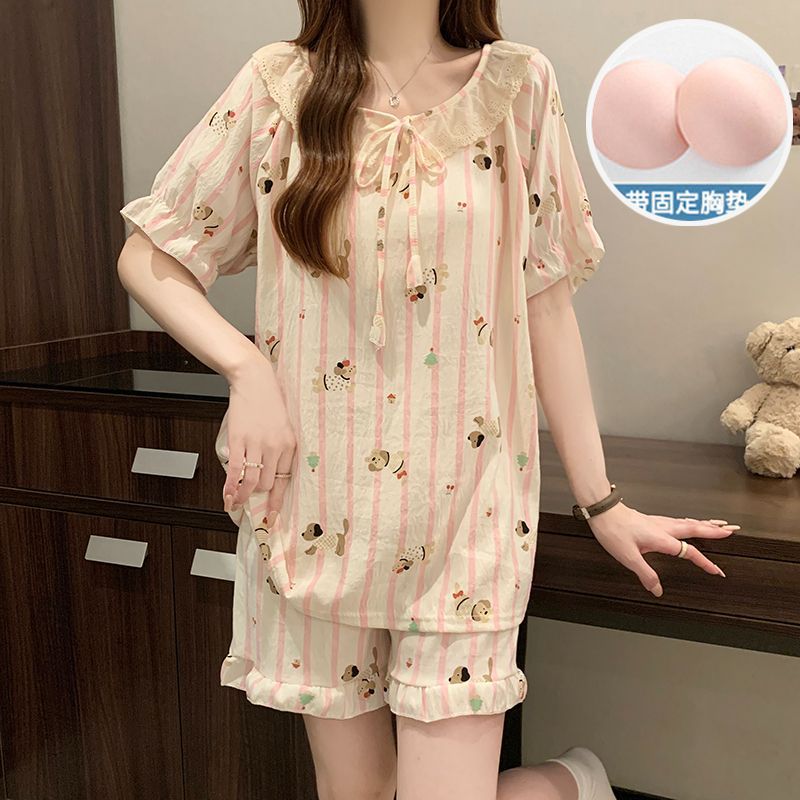 Pijamas con almohadilla fija para el pecho para mujer verano nuevo traje de manga corta de algodón de nube estilo coreano suelto, dulce y lindo servicio a domicilio