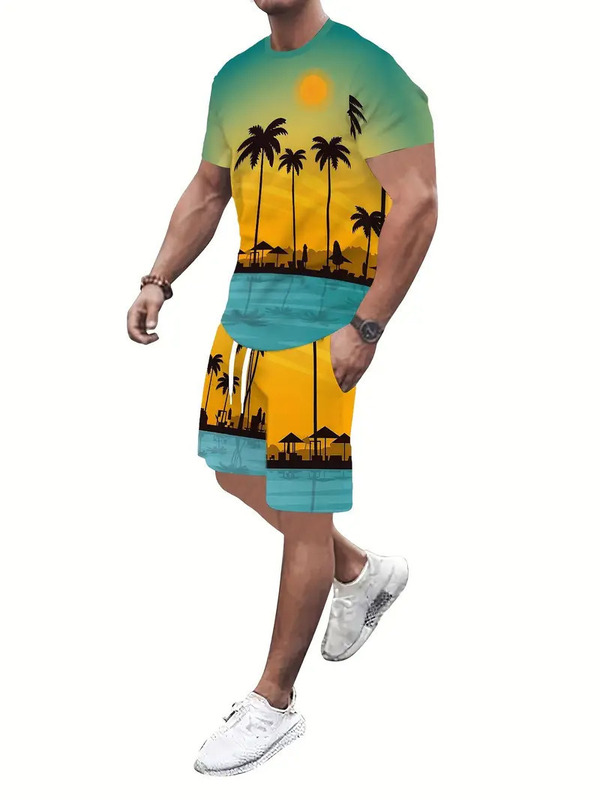 クロスボーダーヨーロッパとアメリカのファッション Tシャツショーツ漫画レタープリント夏の新しいストリートルーズカジュアルヒップホップスーツ|undefined