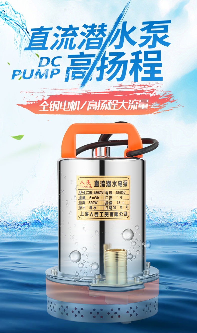 Shanghai People's 12V 24V 48V 60V 72V Dc Submersible Pump Electric Vehicle Battery Water Pump Car Wash