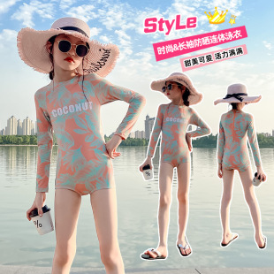 Children's Swimsuit Girls Summer 2025 New Girls Long-Sleeved Swimsuit Medium and Large Kidsren's Sun Protection Quick-Drying One-Piece Swimsuit