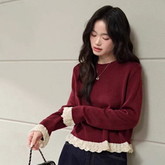 阔色红色假两件毛衣女2025春季新款黑色镂空花边针织打底上衣秋冬