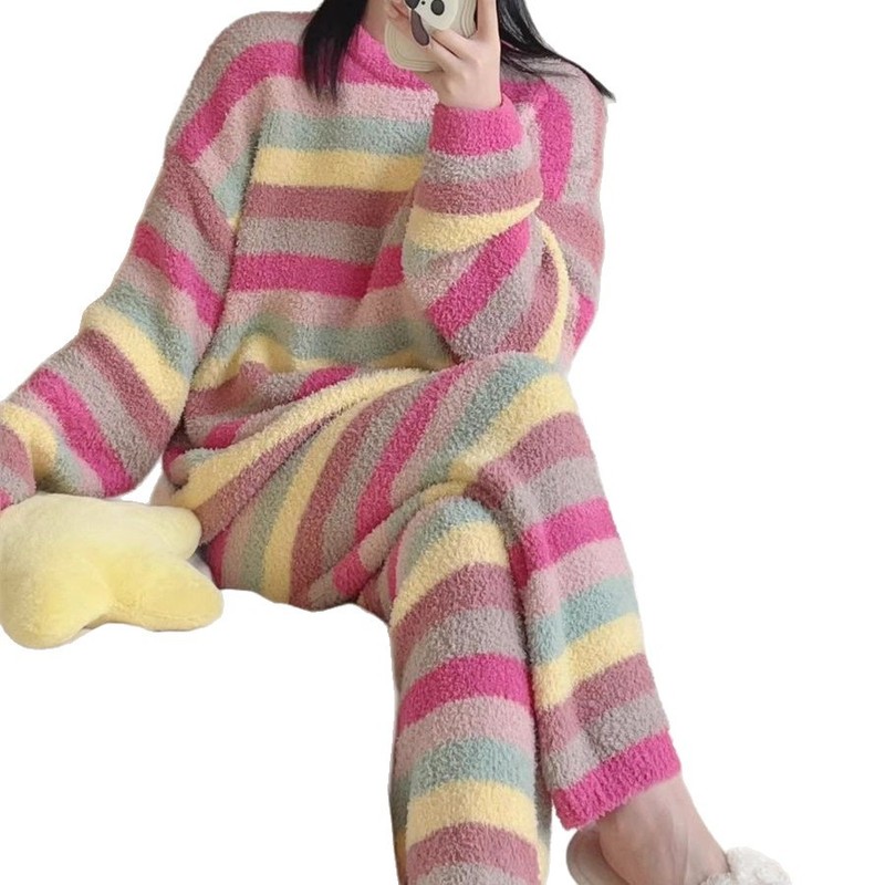 冬季睡衣女可爱彩虹纹韩版简约半边绒加绒保暖家居服工厂一件代发|undefined