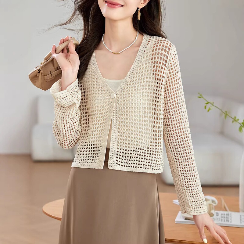 Hollow-out ice silk knitted cardigan for women, short style 2026, thin outer shawl jacket, Tencel cardigan, lightweight Hollow-out ice silk knitted cardigan for women, short style 2026, thin outer shawl jacket, Tencel cardigan, lightweight