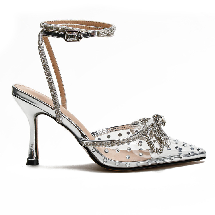 New rhine-diamond transparent high heel sandals women's fine heel pointed high heels with a line with a bun head_voghion.com
