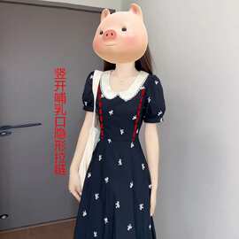 法式娃娃领黑色碎花潮妈哺乳连衣裙2026夏季气质收腰显瘦长裙