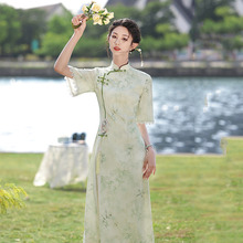 绿色显瘦奥黛新中式改良旗袍年轻款女国风复古短袖连衣裙日常可穿