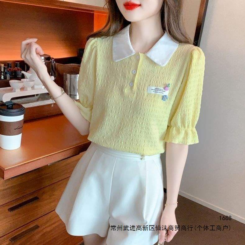 2026夏季翻领设计polo新款小个子衬衫韩版宽松甜美短袖雪纺上衣女