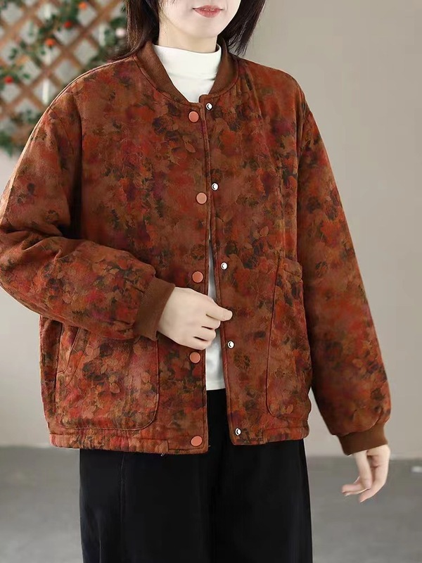 2025秋冬复古印花棉质夹棉外套棉衣女圆领宽松加厚保暖棉服上衣|undefined