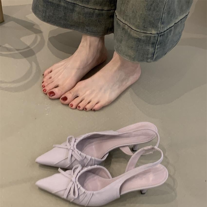 French Niche Elegant High Heels Women's 2025 Spring Bow Pointed Toe Shallow Stiletto Heel Toe Sandals