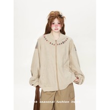 美式复古拼接刺绣夹克男士秋季潮牌设计感情侣外套高街麂皮棒球服