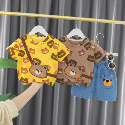 Children's clothing, boys' summer clothing, stylish full-print bear suit, baby's summer handsome and cute short-sleeved baby clothes