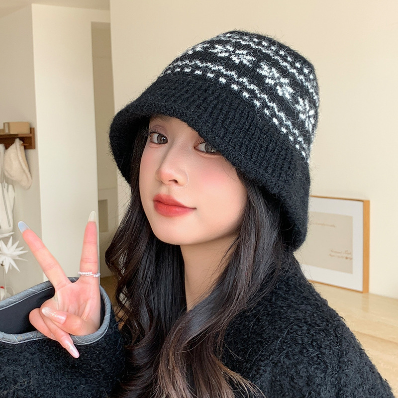 秋冬日系复古渔夫帽子女雪花针织盆帽加厚保暖百搭显脸小毛线帽潮|undefined