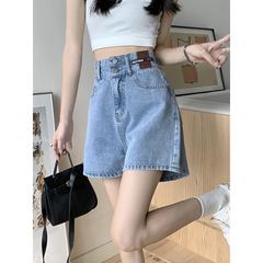 ハイウエストデニムショートパンツ女性の夏薄いレトロハイウエスト小柄ワイドレッグホットパンツ