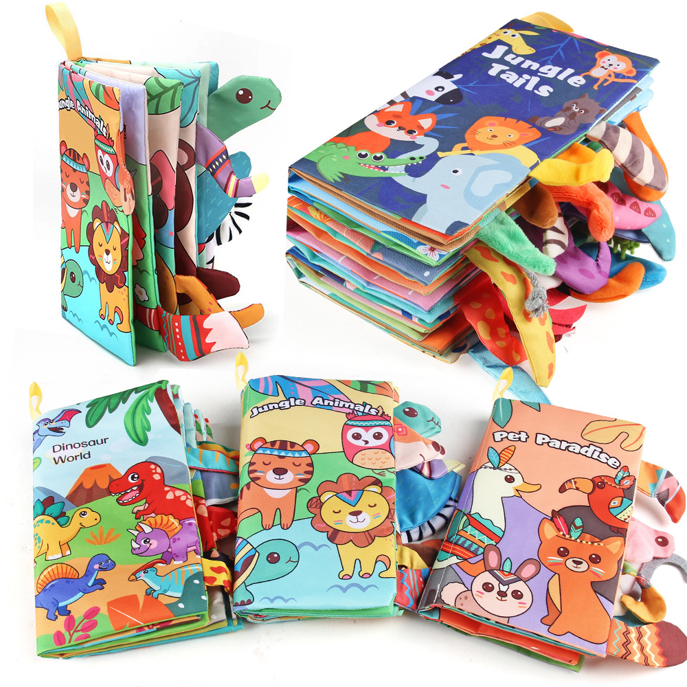Educación infantil libro de tela tridimensional de cola no desgarrado con papel de resonancia BB juguetes de dinosaurios animales del bosque libro de tela bebé image 4