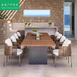 Outdoor Tables and Chairs Courtyard Stainless Steel Teak Rattan Balcony Leisure Outdoor Terrace Waterproof Sun Protection Villa Garden