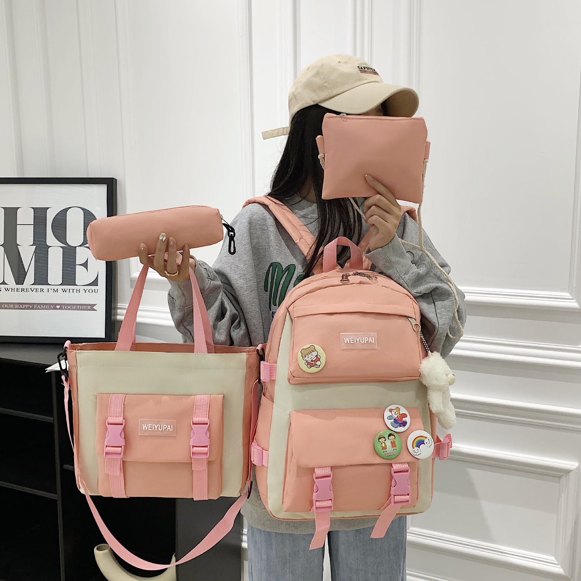 学生四件套书包女新款日系休闲双肩包大容量通勤补课背包校园风