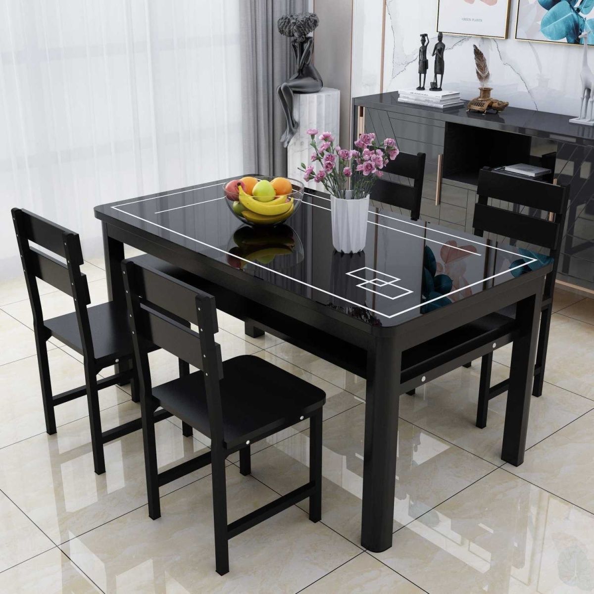 Tempered Glass Double-Layer Storage Dining Table and Chair Combination Small Household Dining Table Guest Restaurant Rectangular Table and Chairs