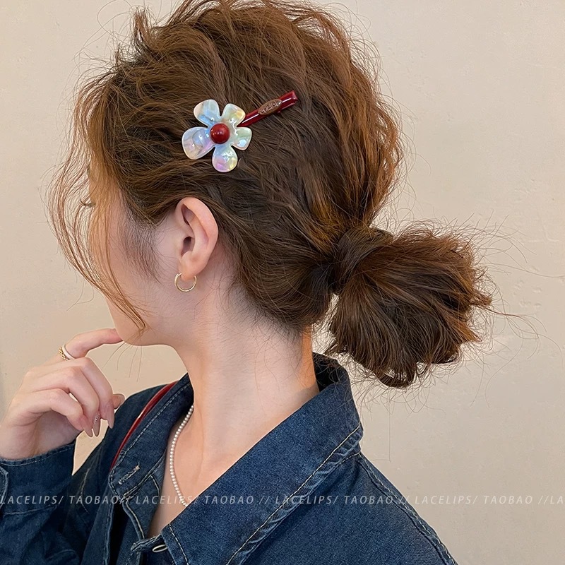 2# iridescent floral red duckbill hair clip [single pack]