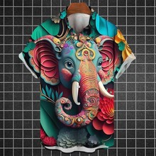 2024跨境外贸夏季新款男士休闲时尚3D打印大象图案短袖男士衬衫