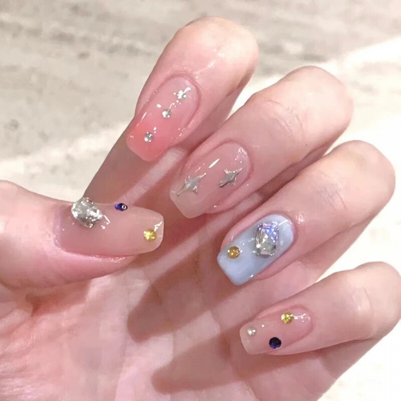 y2k Millennium Hot Girl Phototherapy Nail Art Patch Purely Handmade Wearable Manicure Xiaohongshu Recommended Blue Pink Star Mandarin Duck