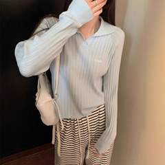 奶蓝色polo领针织衫2025秋季刺绣长袖上衣女坑条打底毛衣秋季新品