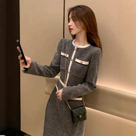 RH1458小香风连衣裙女秋冬新款高级感气质修身显瘦裙子