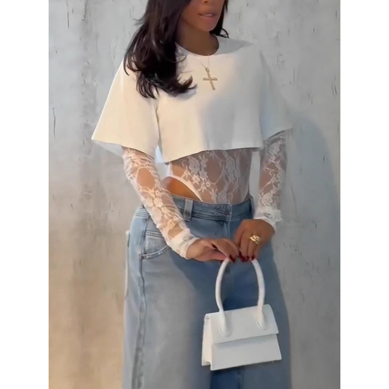 Lace T-Shirt Top Jumpsuit for Women, Round Neck, Long Sleeve, Irregular Top, Summer Fashion, Women's Streetwear, Genuine Two-Piece Lace T-Shirt Top Jumpsuit for Women, Round Neck, Long Sleeve, Irregular Top, Summer Fashion, Women's Streetwear, Genuine Two-Piece