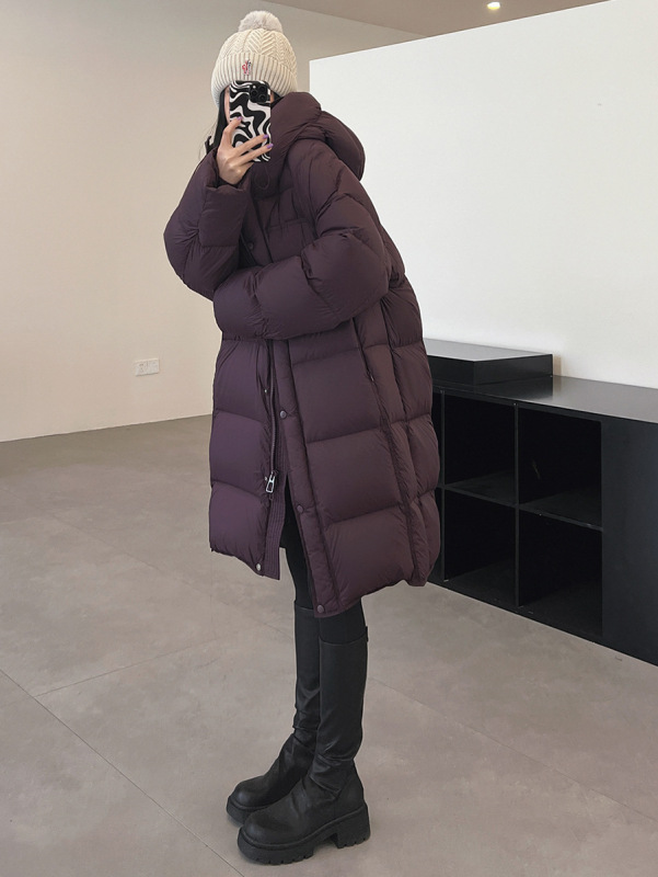大被子白鸭绒长款羽绒服女2025冬季新款时尚泡芙感连帽过膝面包服|undefined